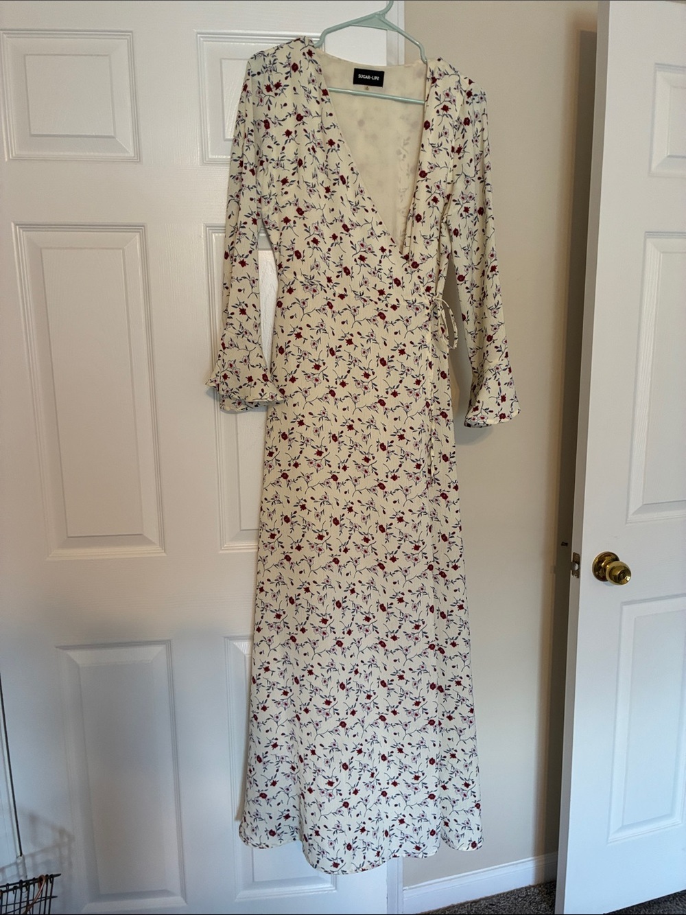 Sugarlips Cream Floral Wrap Maxi Dress with Red Floral Print